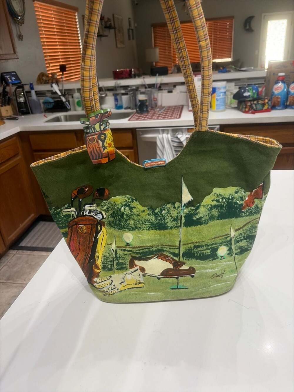 Anne Ormsby Vintage Golf Theme Canvas Tote Bag with Plaid Lining and Charm